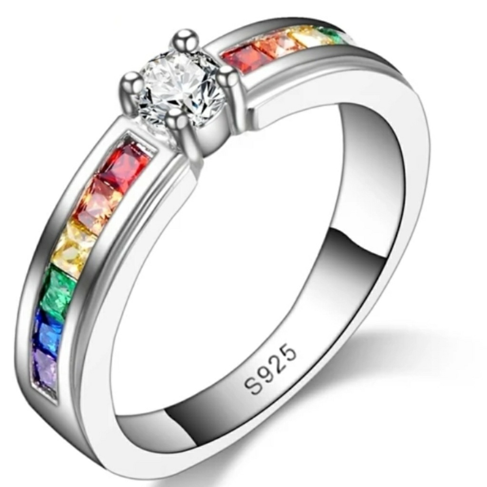 925 Sterling Silver Rainbow CZ Ring